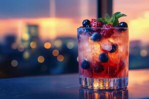 Colorful fruit beverage sits on a table as evening city lights create a beautiful backdrop photo