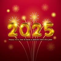 Golden 2025 numbers in a realistic style, accompanied by sparkles and fireworks on a red background. vector