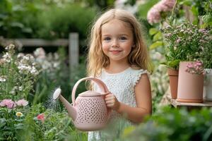 Little girl watering plants in a lush garden during a sunny afternoon photo