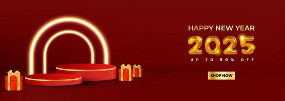 Golden 2025 numbers in a realistic style, accompanied by sparkles, fireworks and podium on a red background. vector