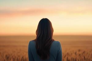 Woman admiring sunset over wheat field during serene evening in golden hour photo