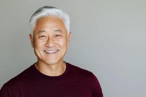 Smiling older man with gray hair against a neutral background in a relaxed pose photo