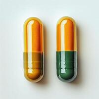 Capsules filled with colorful powders on a plain background in a close up view photo