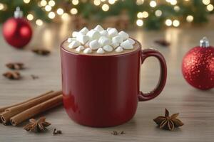 Warm winter drink with marshmallows and festive decorations in cozy setting photo