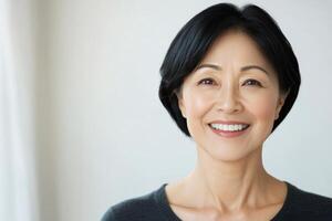 Smiling woman with short black hair posing against a light background photo