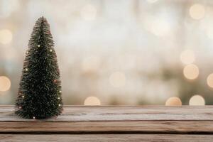 Charming decorated Christmas tree with warm lights on wooden table against a soft background photo