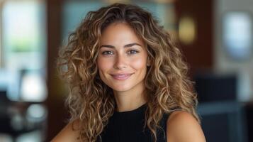 Smiling young woman with curly hair in a modern office setting during daylight photo