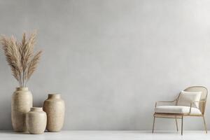 Stylish room decor featuring golden vases and a minimalist chair with floral arrangement photo