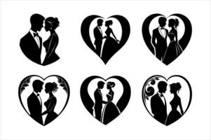 Romantic Wedding Silhouettes in Heart Frames vector