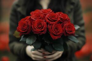 Holding a bouquet of red roses in a lush green setting during autumn photo