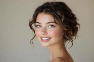 Young woman with curly hair smiles softly in a neutral background photo