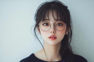 Young woman with glasses showing a thoughtful expression in a bright indoor setting photo
