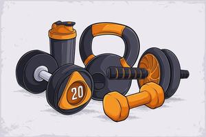 Hand drawn fitness workout kit of kettlebell, round dumbbell, ab roller, neoprene dumbbell, shaker vector