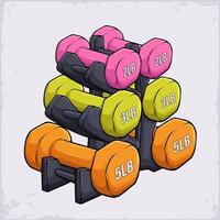 Hand drawn set of colorful, different weights neoprene coated dumbbells for workout fitness training vector