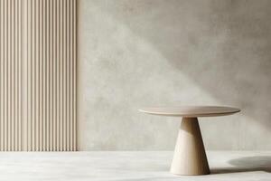 Stylish minimalist table against textured white wall in contemporary interior design photo