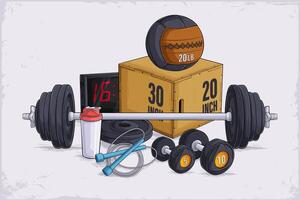 Hand drawn set of fitness tools, jump box, dumbbells, timer, jump rope, med ball, bottle of water vector