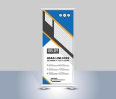 Modern and stylish blue and yellow color roll up banner template design vector
