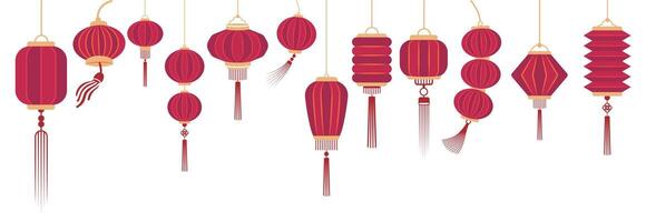Illustration of various traditional red Chinese lanterns with tassels, for Mid Autumn Festival or Chinese New Year design element vector