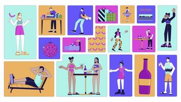 Multicultural people party bento grid animation. Clubbing disco dancing. Poolside millennial young adults collage motion 4K web design. Animated cartoon characters collection mood board video