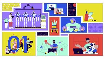 Software developers animated bento grid layout. Robotics manufacturing, coding. Diverse programmers technology 2D animation flat cartoon ui collage design. 4K motion graphic collection video