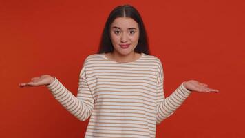 Woman pointing at camera and showing stupid gesture blaming some idiot for insane plan, bullying video