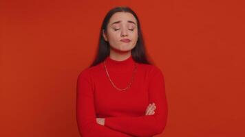 Tired bored woman indifferent expression, exhausted of tedious story not interested in communication video