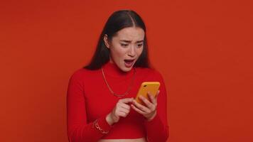 Woman use smartphone typing browsing, loses becoming surprised sudden lottery results, bad fortune video