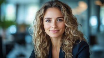 Smiling young woman with curly hair in a modern office setting during daylight photo