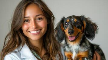 Smiling woman holding a dachshund with a happy expression in a bright setting photo