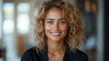 Smiling young woman with curly hair in a modern office setting during daylight photo