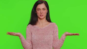 Woman raising hands in indignant expression ask why what reason of failure demonstrating disbelief video