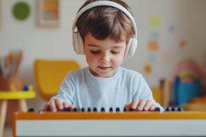 Young child creating music indoors while wearing headphones and focused on keyboard photo