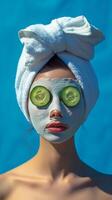 Woman enjoying a spa treatment with a facial mask and cucumber slices on a bright background photo