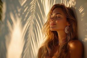 Young woman smiling while leaning against a wall adorned with palm tree shadows in soft sunlight photo