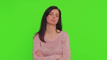 Tired bored woman indifferent expression, exhausted of tedious story not interested in communication video