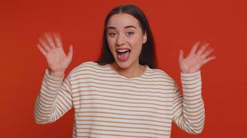 Woman showing inviting gesture with hands, ask to join, beckoning to coming, gesturing hello goodbye video