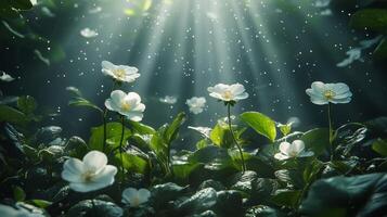 Soft rays of light illuminating blooming white flowers in a serene forest setting photo