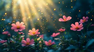Beautiful pink flowers bask in sunlight with sparkling dust particles in a serene garden photo