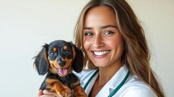 Smiling woman holding a dachshund with a happy expression in a bright setting photo