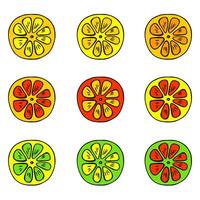 Citrus fruit icon set. Lime, lemon, orange, grapefruit, slice. A citrus doodle collection, colorful elements isolated on a white background. Suitable for web, print, cards, menus, branding, stickers vector