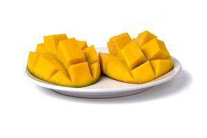 Ripe mangos sliced cut to cubes on a white background, top-side view photo