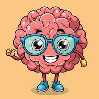 Brain in glasses. Cartoon geek genius mascot. Smart and knowledge comic graphic. Clever mind education character vector