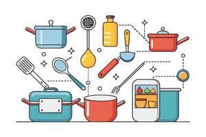 Modern kitchen equipment and utensils art, showcasing interconnected elements in a dynamic culinary themed infographic style vector