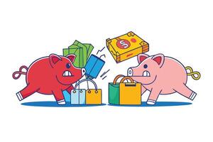 Piggy banks tugging on ropes connected to money and shopping items in a vibrant graphic, symbolizing budgeting and expenses vector