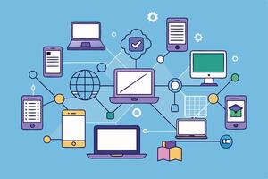 innovative educational network infographic with laptops, smartphones, books, and digital icons symbolizing virtual learning platforms vector