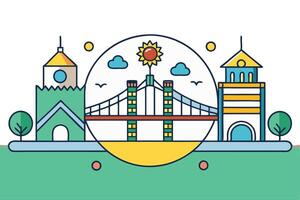 Stylized bridge illustration with traditional architecture, scenic elements, and a bright sunlit background vector