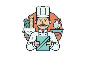Stylized of a chef figure with a mustache, chef hat, and mysterious recipe book, surrounded by vibrant culinary symbols vector