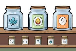 Creative set of magical ingredient jars with colorful icons and aesthetic wooden shelf arrangement for design projects vector