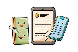 Cartoon style graphic featuring smartphones with checklist icons, file sharing elements, and seamless digital communication vector