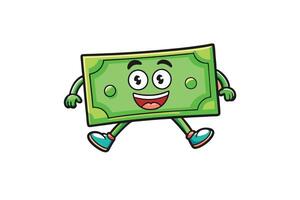 Fun illustration of a green money note character walking energetically, smiling joyfully vector